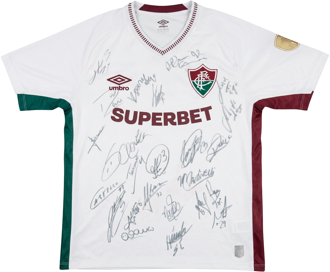 Camisa branca oficial do Fluminense, autografada pelo elenco, prêmio da rifa